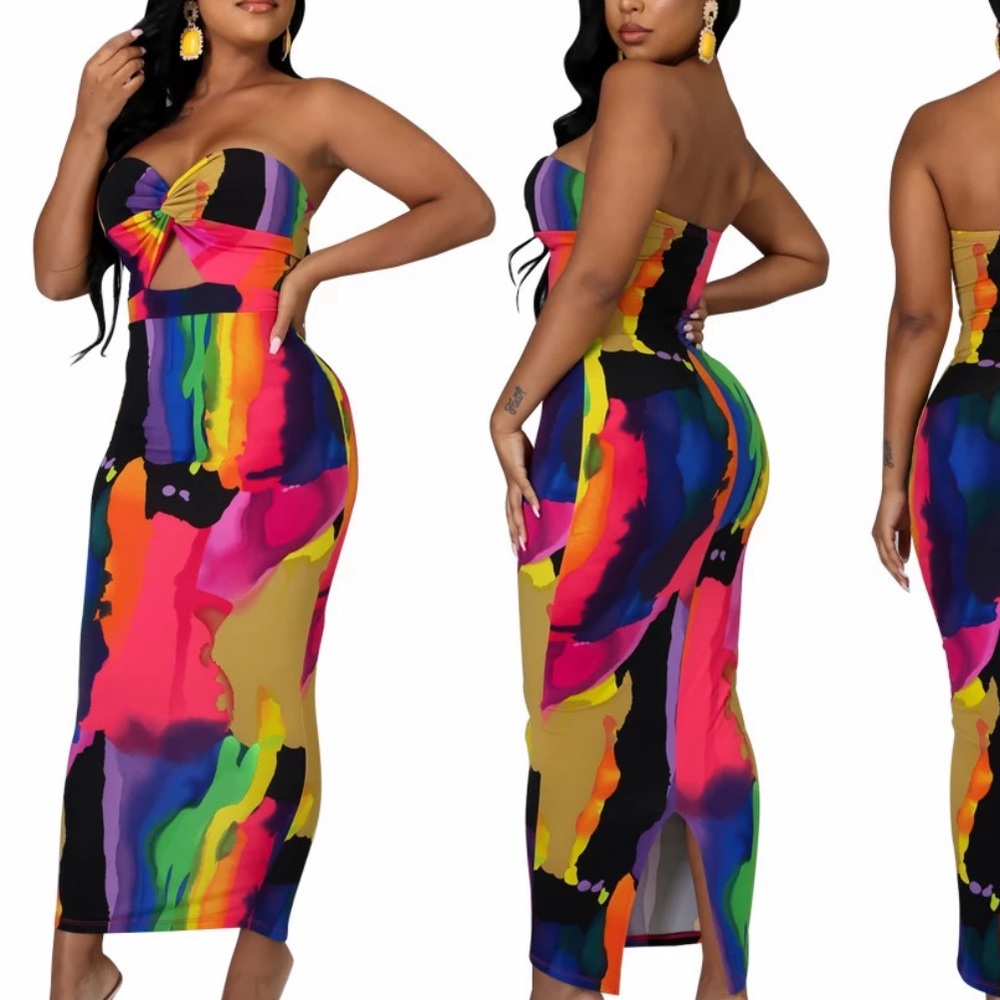 Tie Dye Strapless Midi Dress